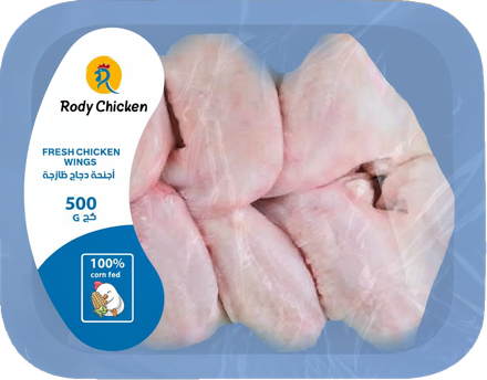 Packaged raw chicken wings in a blue tray with a label indicating "Rody Chicken," "Fresh Chicken Wings," and "500g."