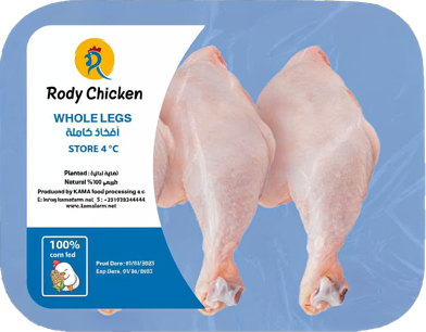 Packaged raw chicken legs with a blue label displaying product information and a logo.