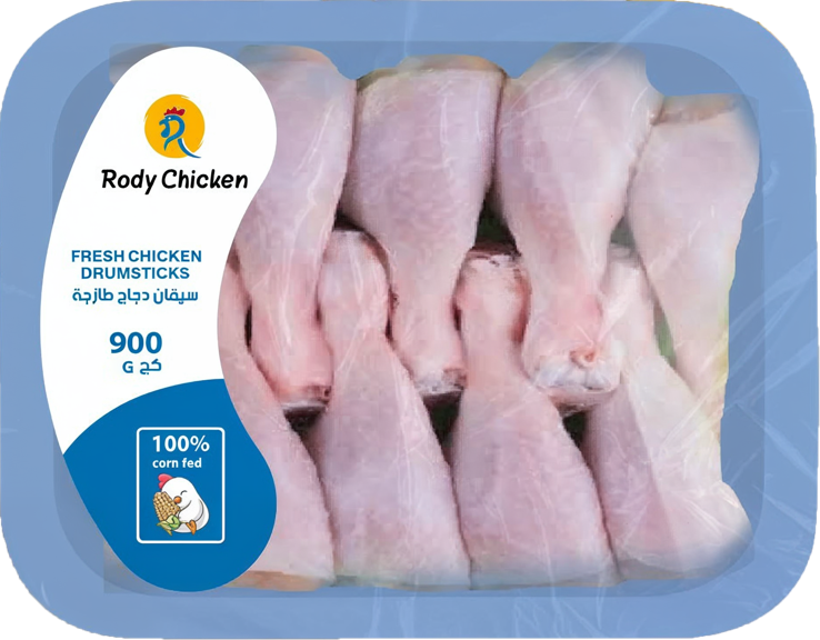 Packaged raw Rody chicken drumsticks in a blue tray with a label indicating 900g weight and Rody Chicken brand.