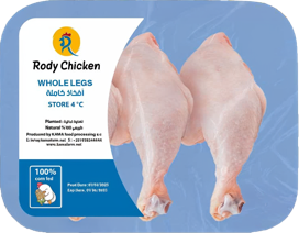 Packaged raw chicken legs with a blue label on the left side displaying product information.